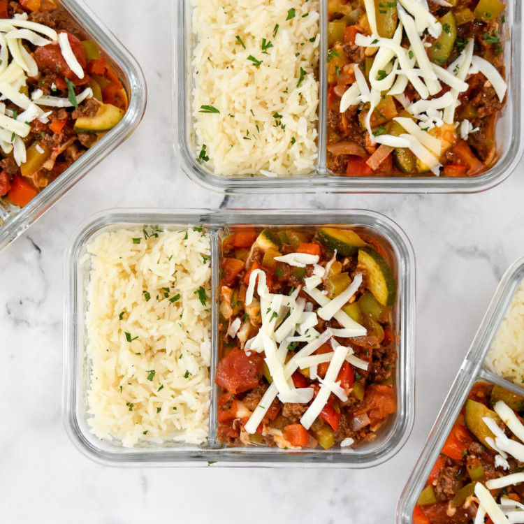 meal prep unstuffed pepper bowls in glass 2 compartment containers.